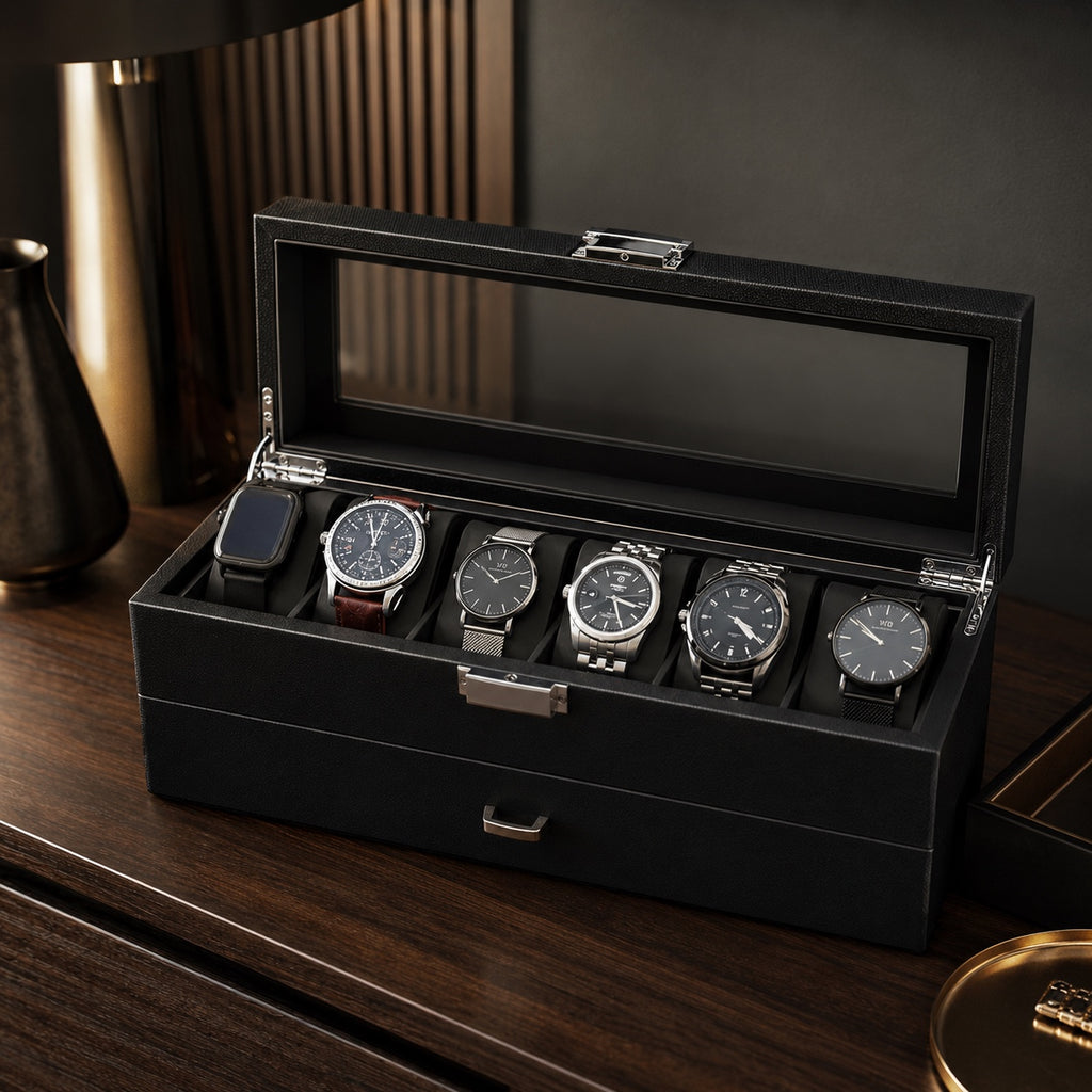 Écrin Carbone 6 montres ouvert, doublure cuir végan