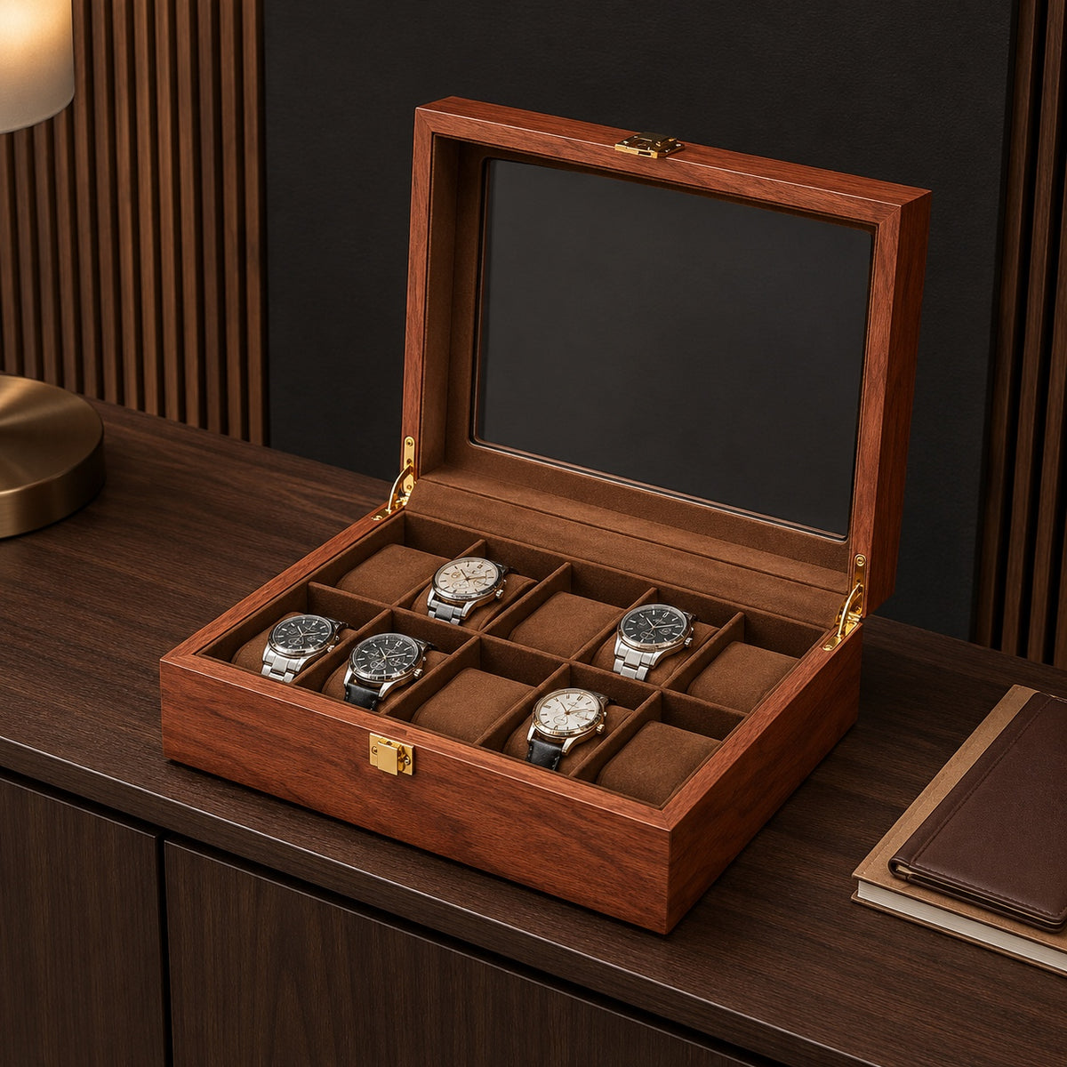 Écrin Noyer 10 montres ouvert, deux niveaux visibles