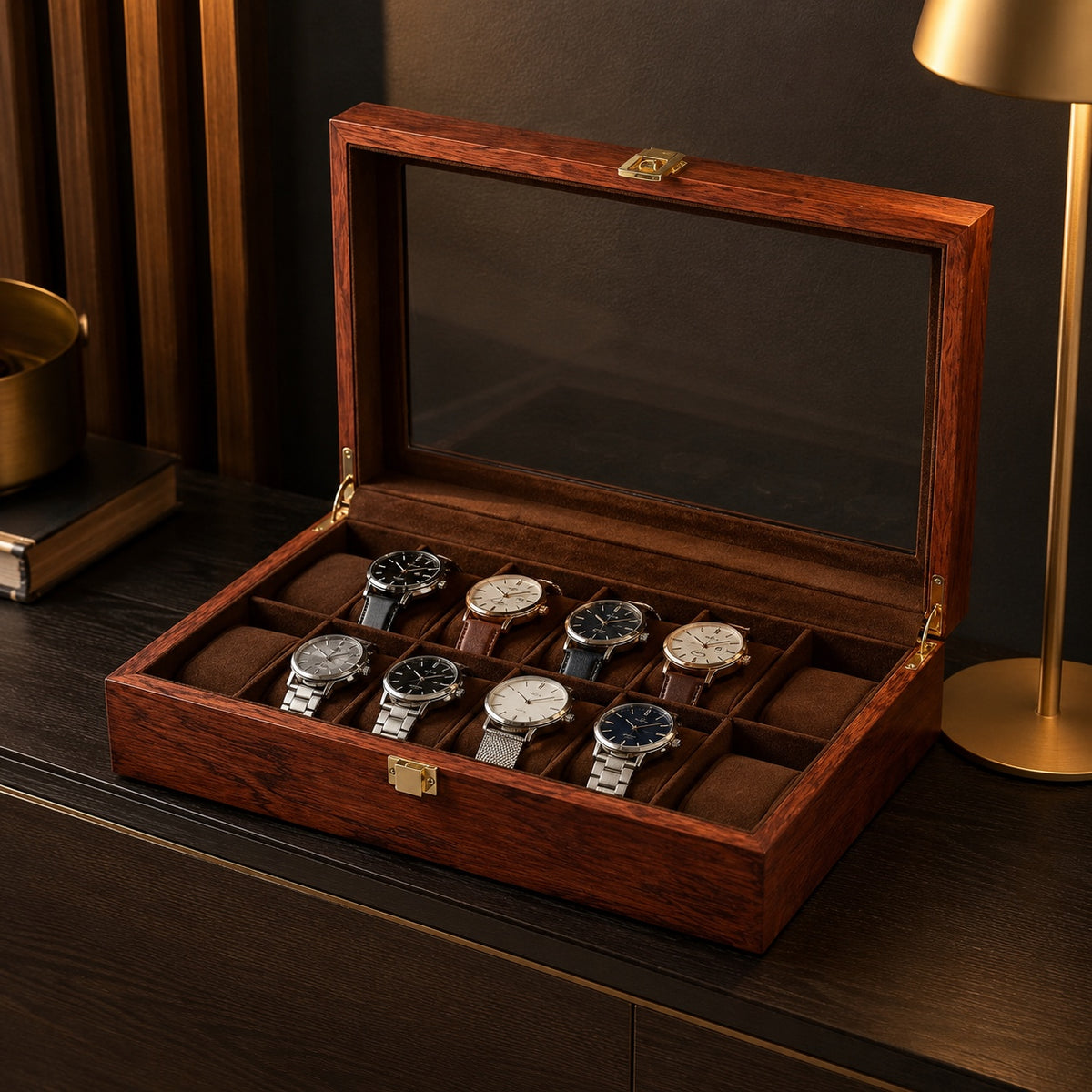 Écrin Noyer 12 montres ouvert, douze emplacements
