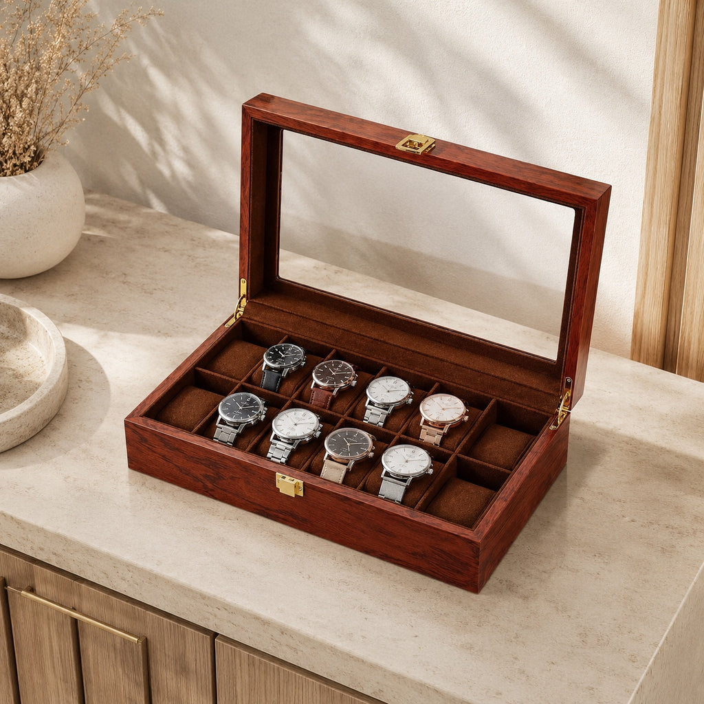 Écrin Noyer 12 montres rangé dans un tiroir de commode