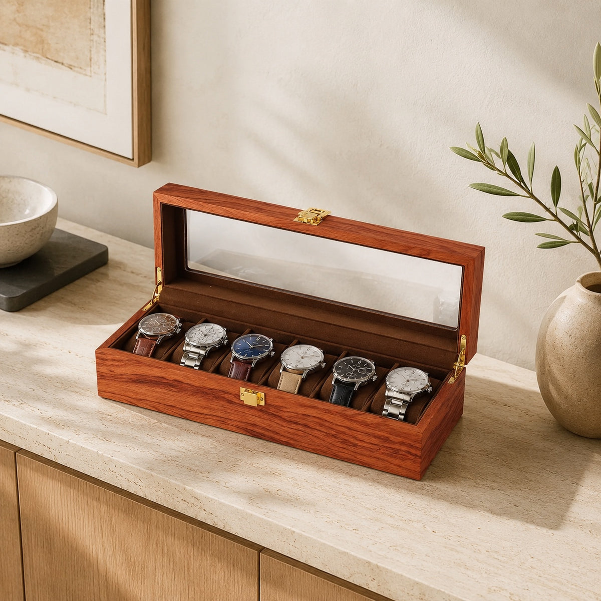 Détail du placage noyer de l'écrin 6 montres