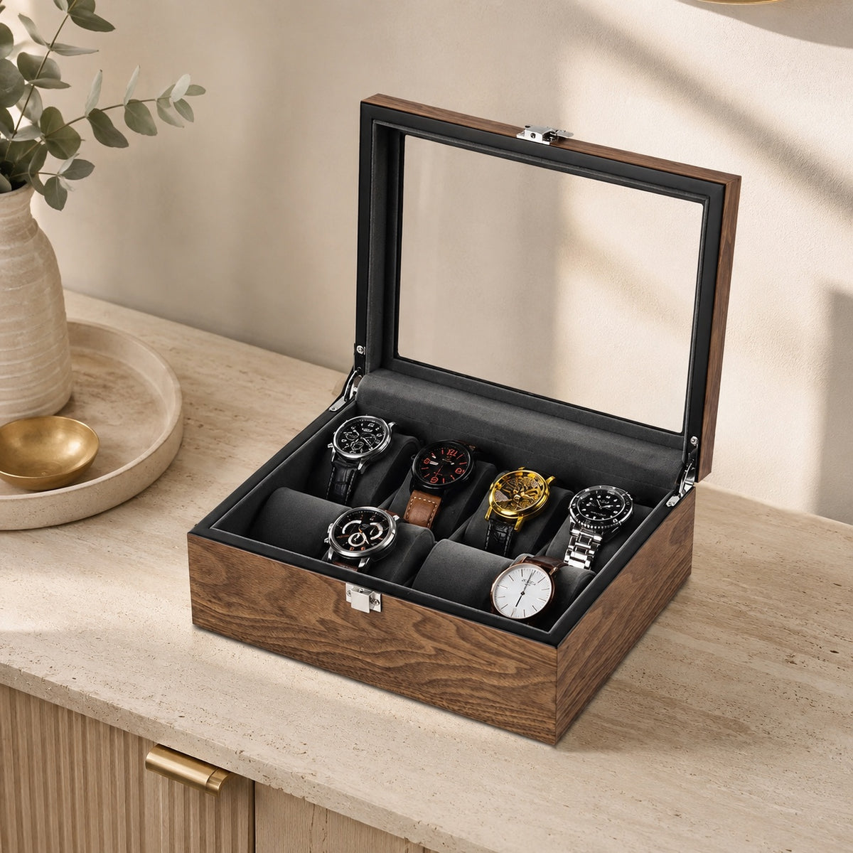 Détail du velours de l'écrin Pin Vitré 8 montres