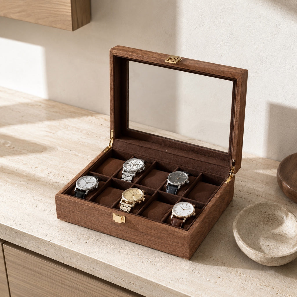 Détail du placage teck de l'écrin 10 montres