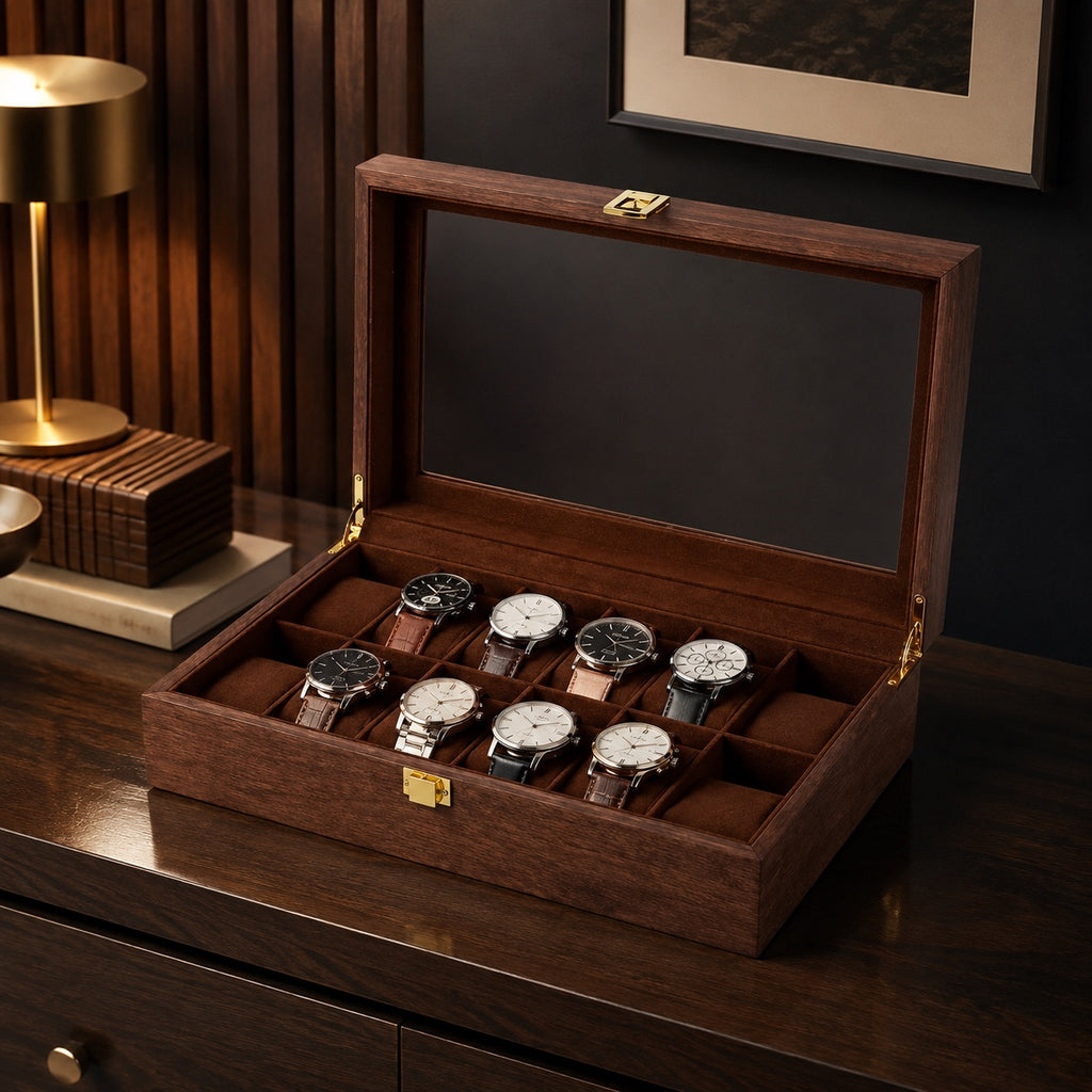 Écrin Teck 12 montres ouvert, douze emplacements