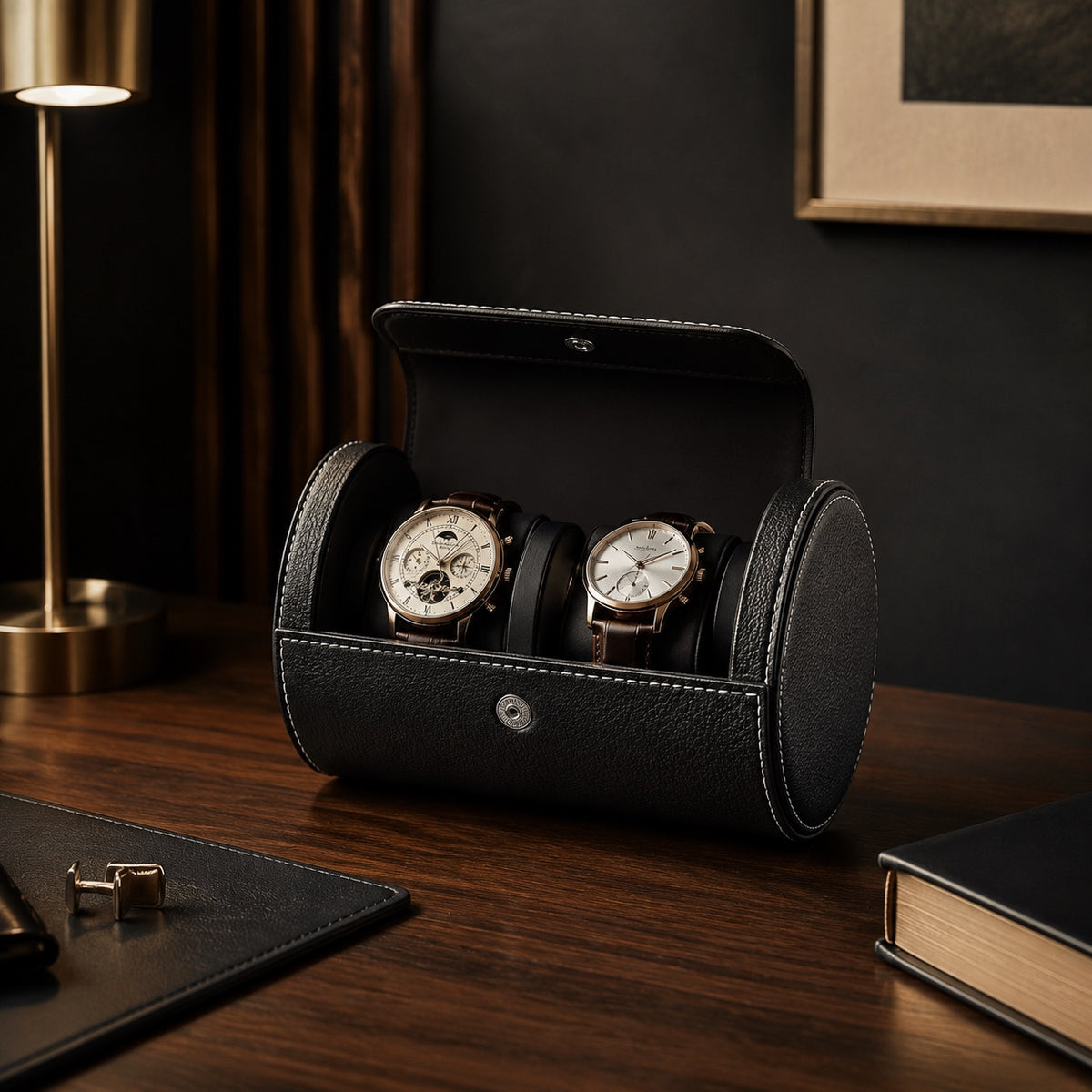 Étui Poche Charbon ouvert avec une montre