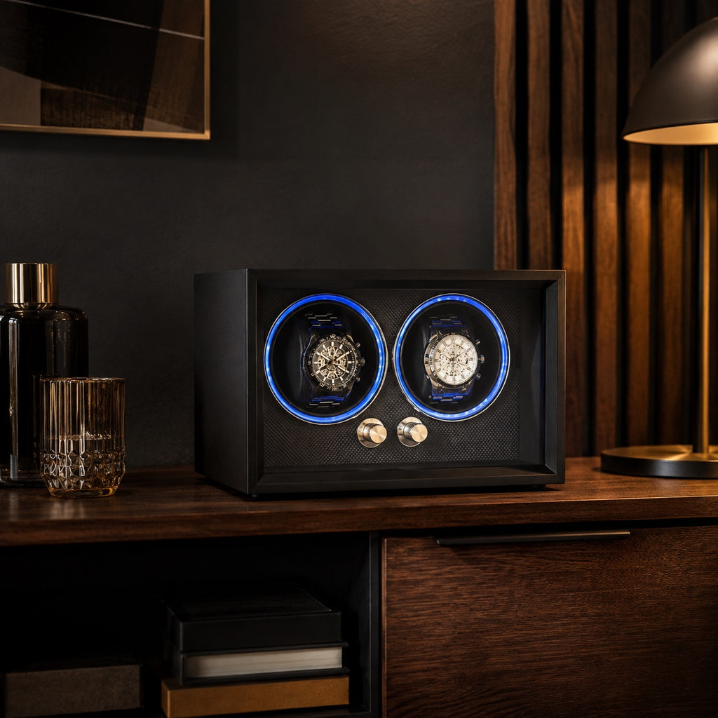 Remontoir Cube Ébène Duo avec deux montres en place